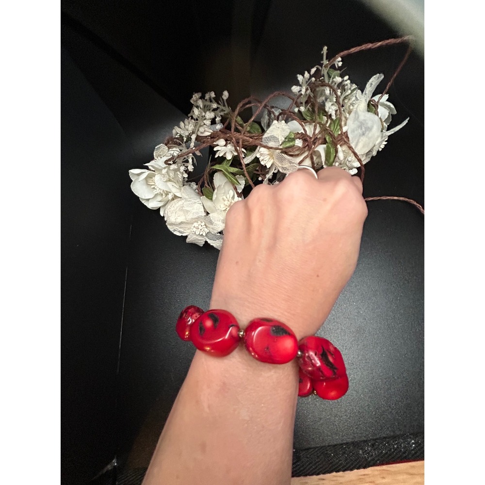 DONNA DRESSLER Red Chunky Beaded Bracelet Artisan Statement Boho Toggle‎ Clasp